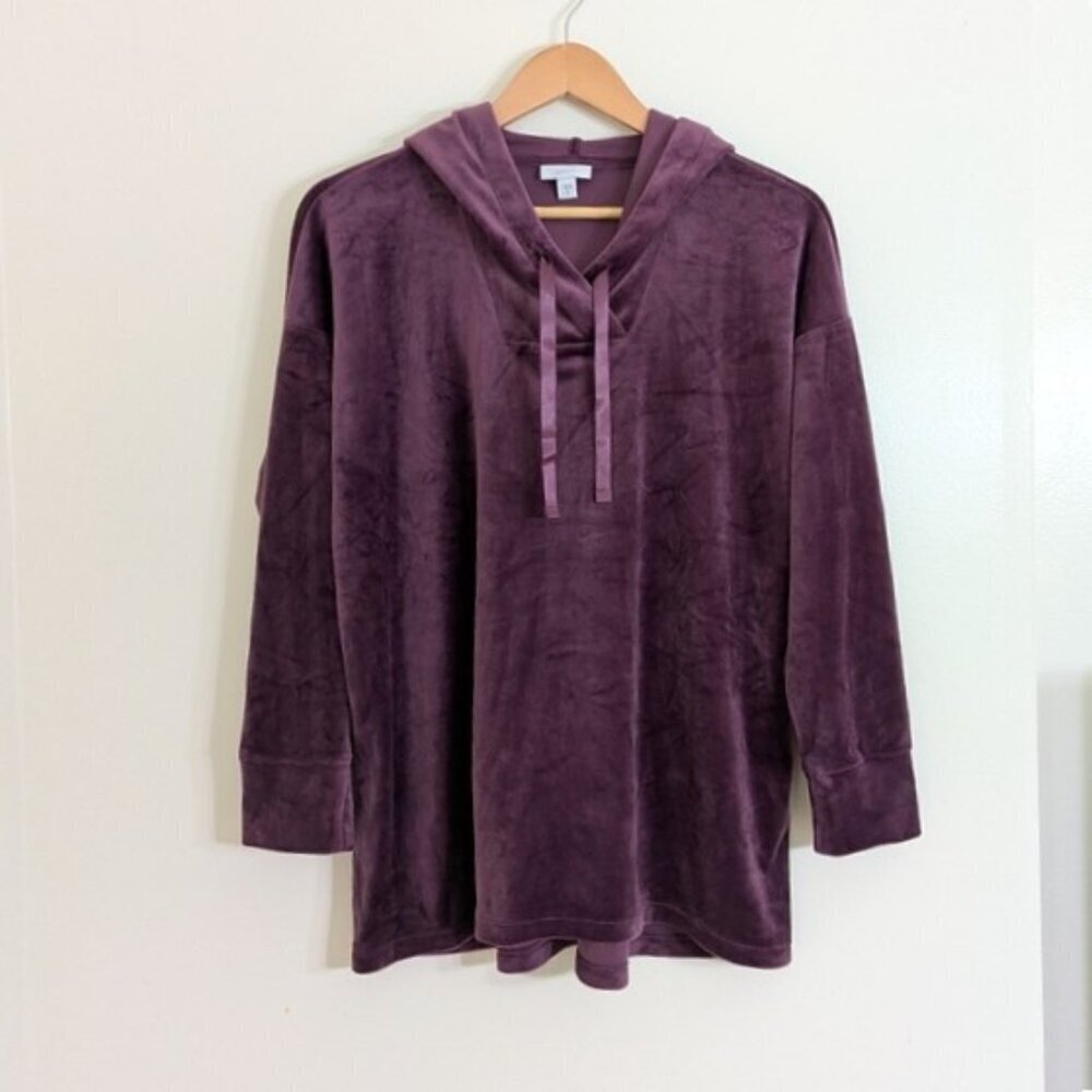 J. Jill Velour Hooded Pullover Top Drawstring Plum Color Size M Petite